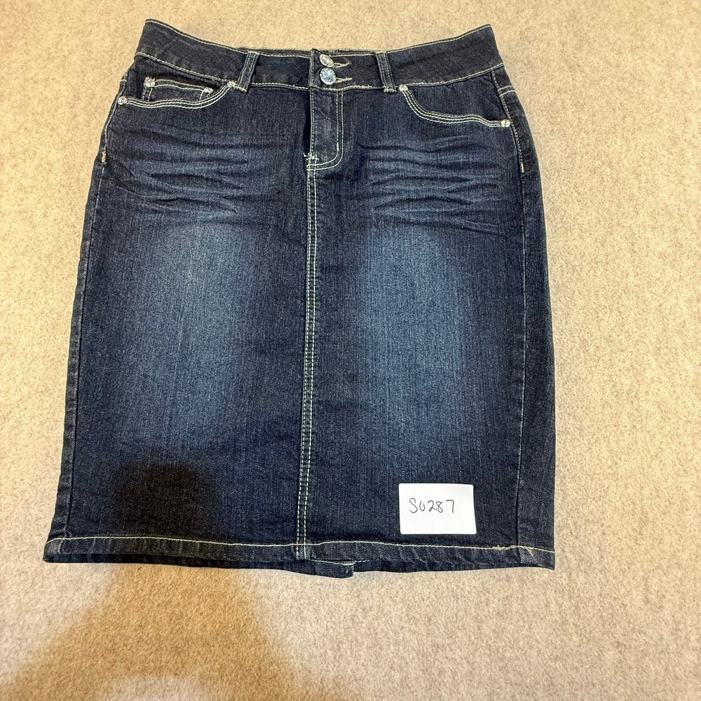Karen T Denim Skirt Womens Medium Dark Wash Rhinestone Embellished‎ Pencil S0287